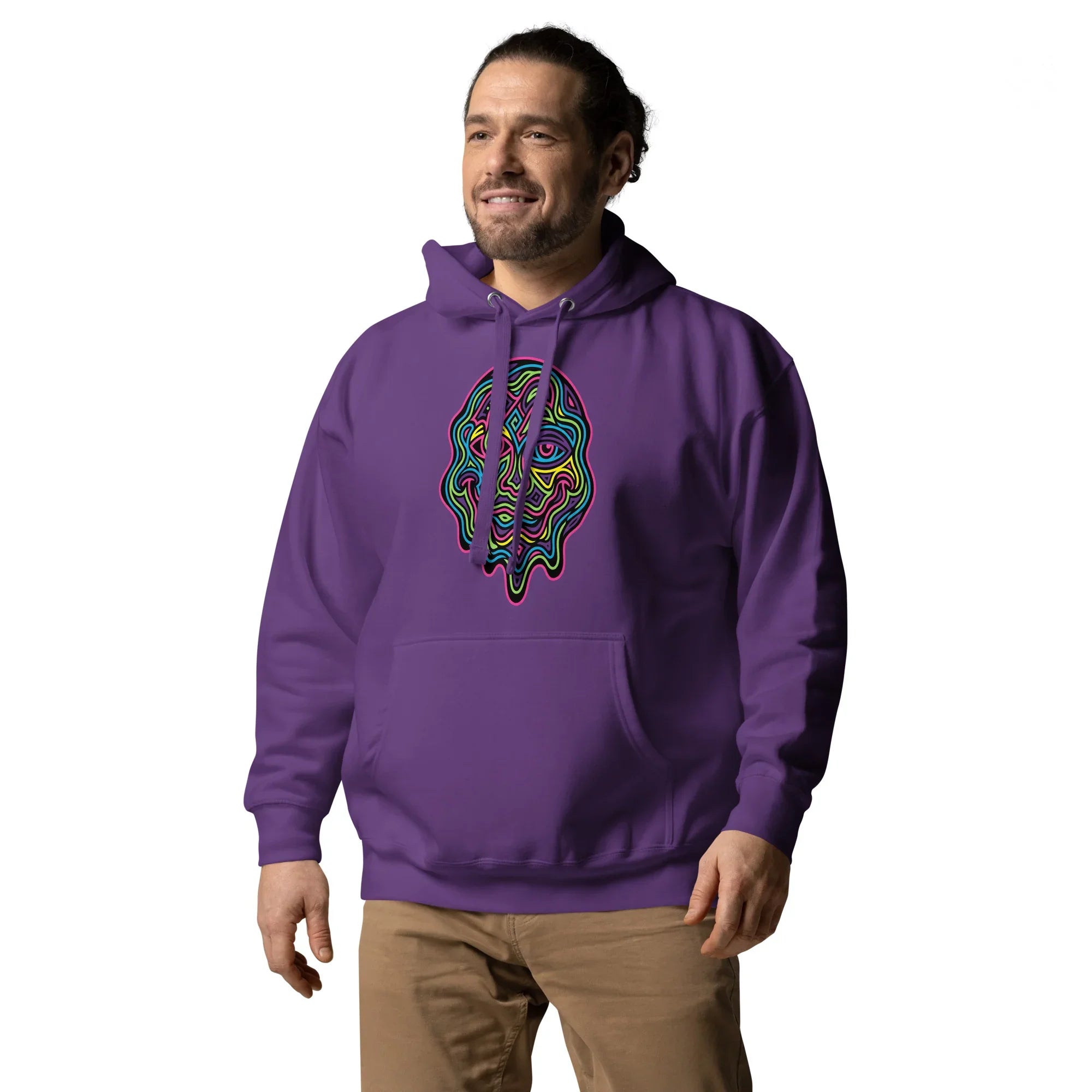 Man wearing purple unisex premium pullover hoodie with neon psychedelic abstract face design, beige pants