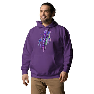 Man wearing purple unisex hoodie with neon psychedelic abstract design on front, beige pants