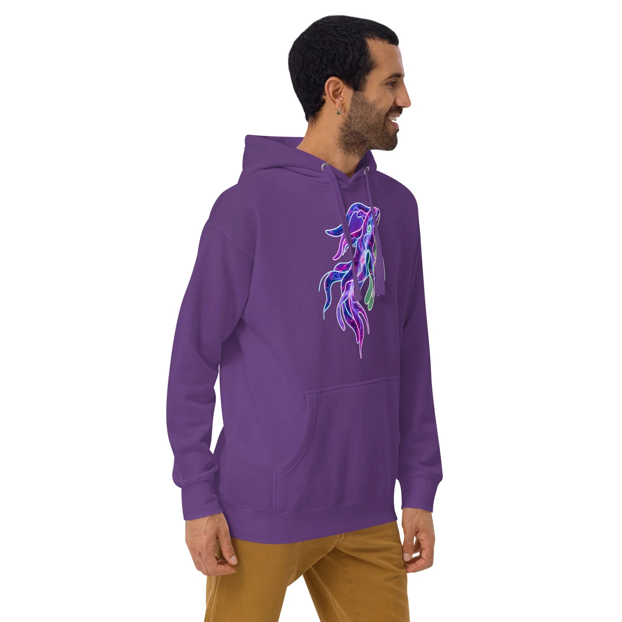Man wearing purple premium pullover hoodie with vibrant neon psychedelic fish design on chest