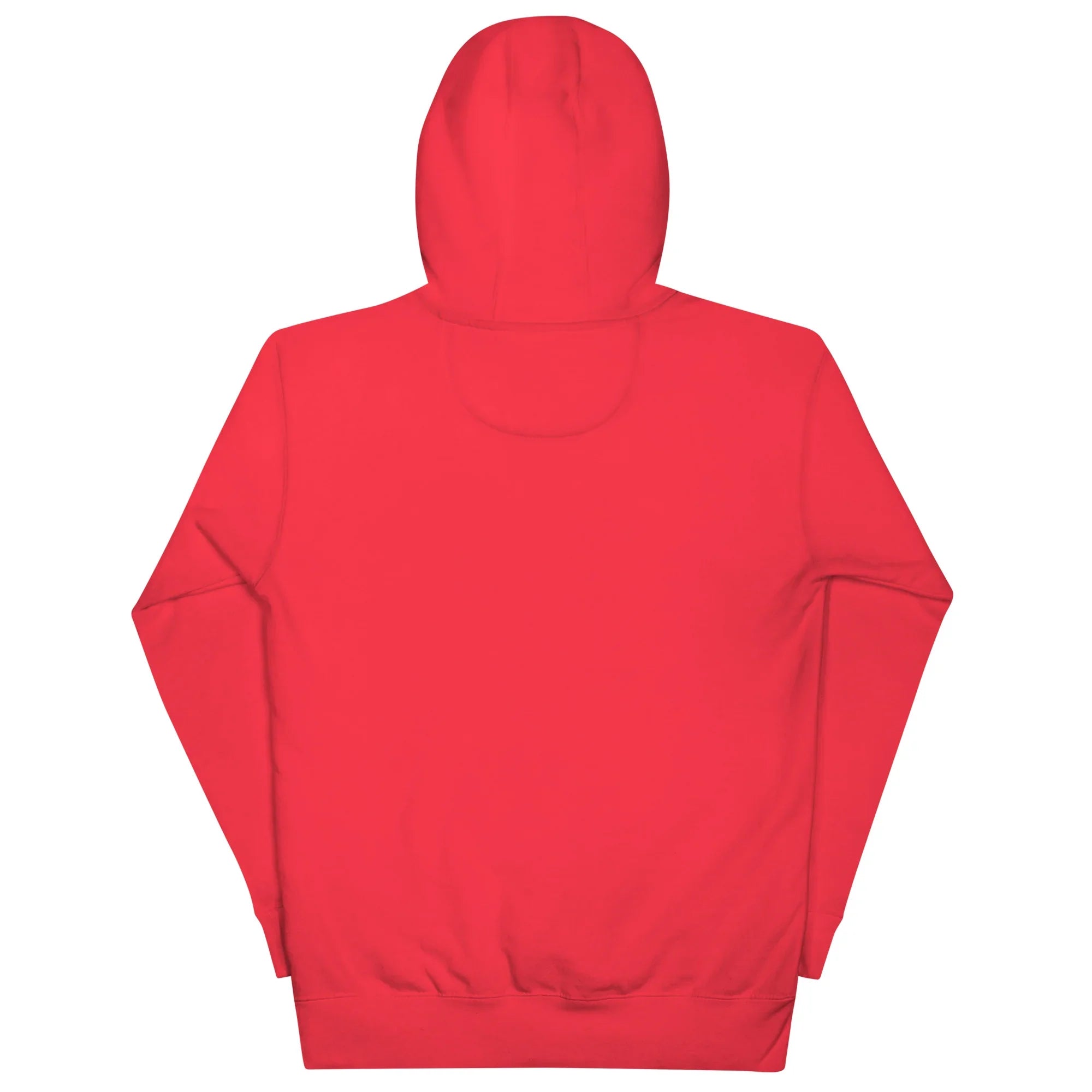 Back view of a unisex premium pullover hoodie in bright team red cotton fabric
