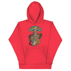 Unisex premium pullover hoodie in bright team red with psychedelic brain explosion and abstract face art design