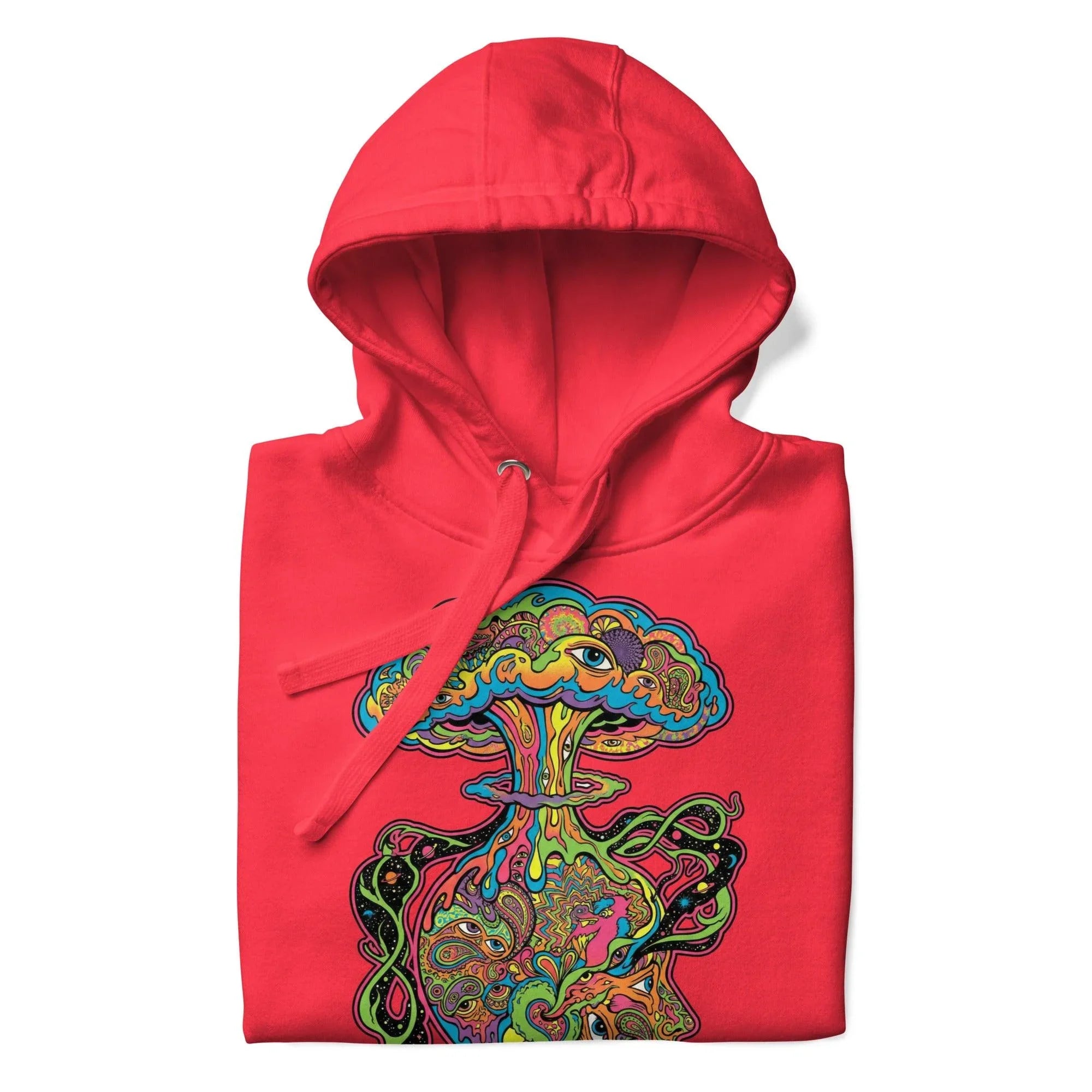 Red unisex premium pullover hoodie with psychedelic multicolor mushroom cloud art and eye patterns