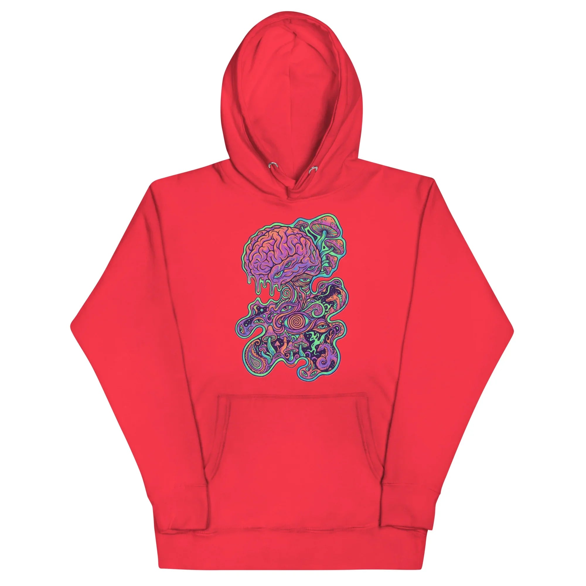 Red unisex premium pullover hoodie with psychedelic brain and mushroom graphic design on front
