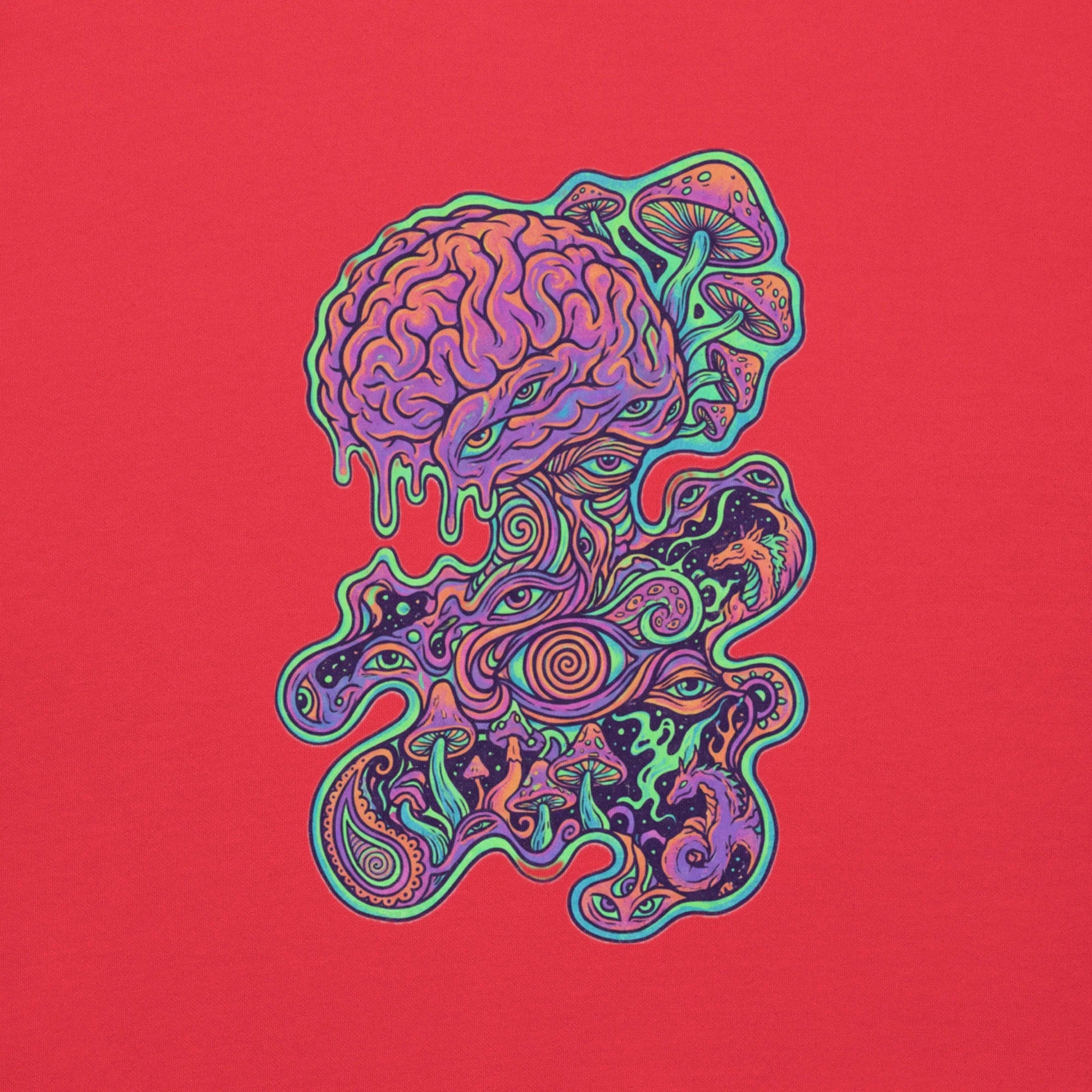 psychedelic art on red pullover hoodie featuring a melting purple brain, mushrooms, swirling eyes, and mystical creatures