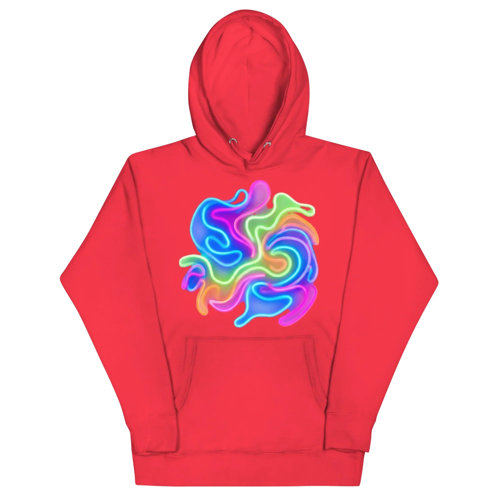 Unisex premium red pullover hoodie with vibrant neon psychedelic swirl design on front