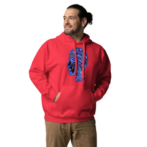 Man wearing bright red unisex pullover hoodie with neon blue abstract face design, hands in pockets