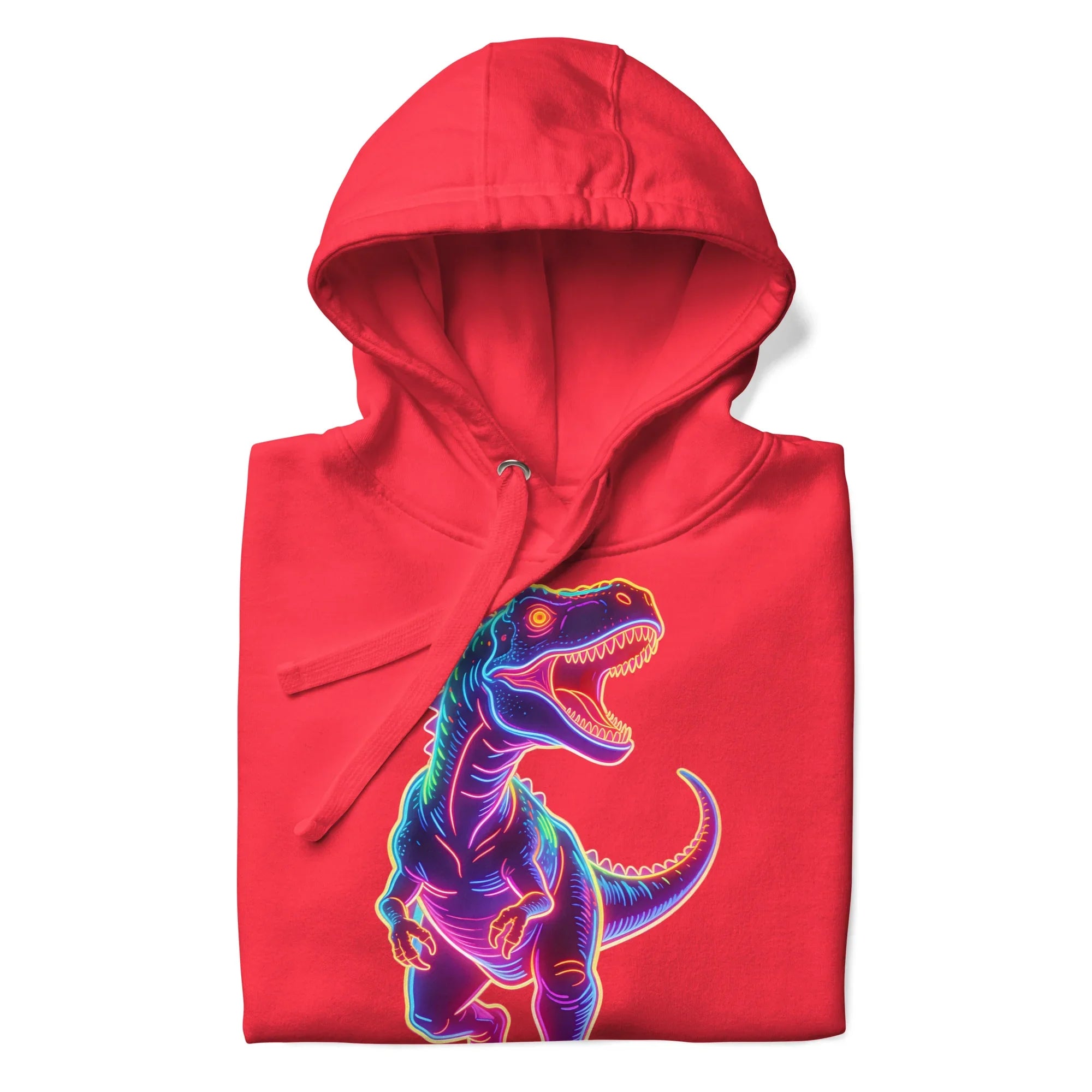 Red premium pullover hoodie with neon style T-Rex dinosaur graphic on front