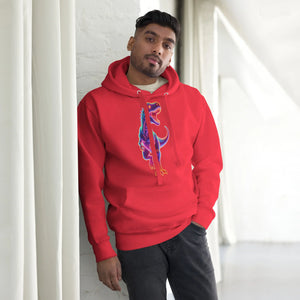 Man wearing red unisex hoodie with colorful dinosaur graphic, standing indoors against white wall