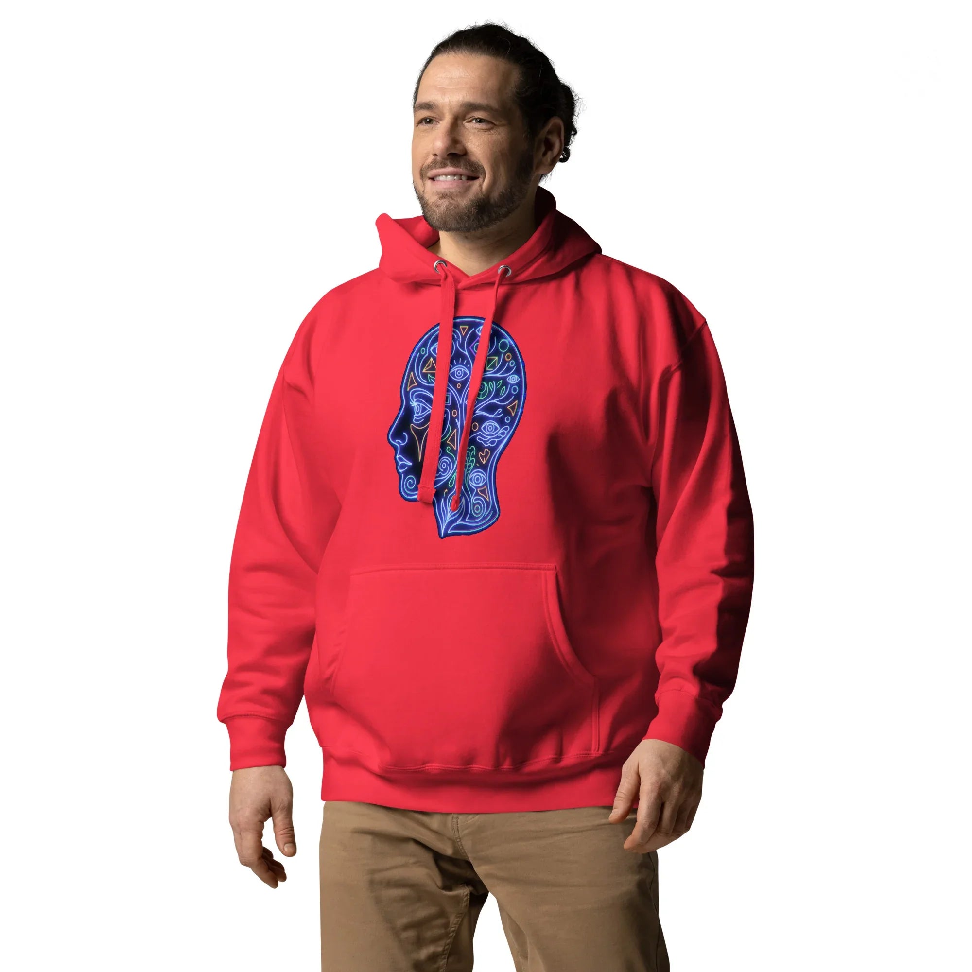 Man wearing red unisex premium pullover hoodie with neon psychedelic blue head design on front