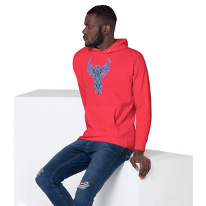Man wearing a red unisex premium pullover hoodie with bright blue psychedelic phoenix design, paired with ripped blue jeans, sitting on white block