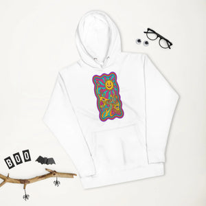 White unisex premium pullover hoodie with colorful psychedelic sun and mushroom art design, styled with glasses and Halloween decor