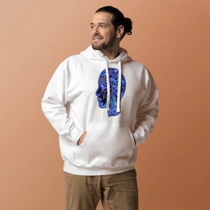 Man wearing white unisex premium pullover hoodie with colorful psychedelic head design on front against peach background
