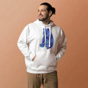 Man wearing white unisex premium pullover hoodie with vibrant psychedelic blue bear design in studio