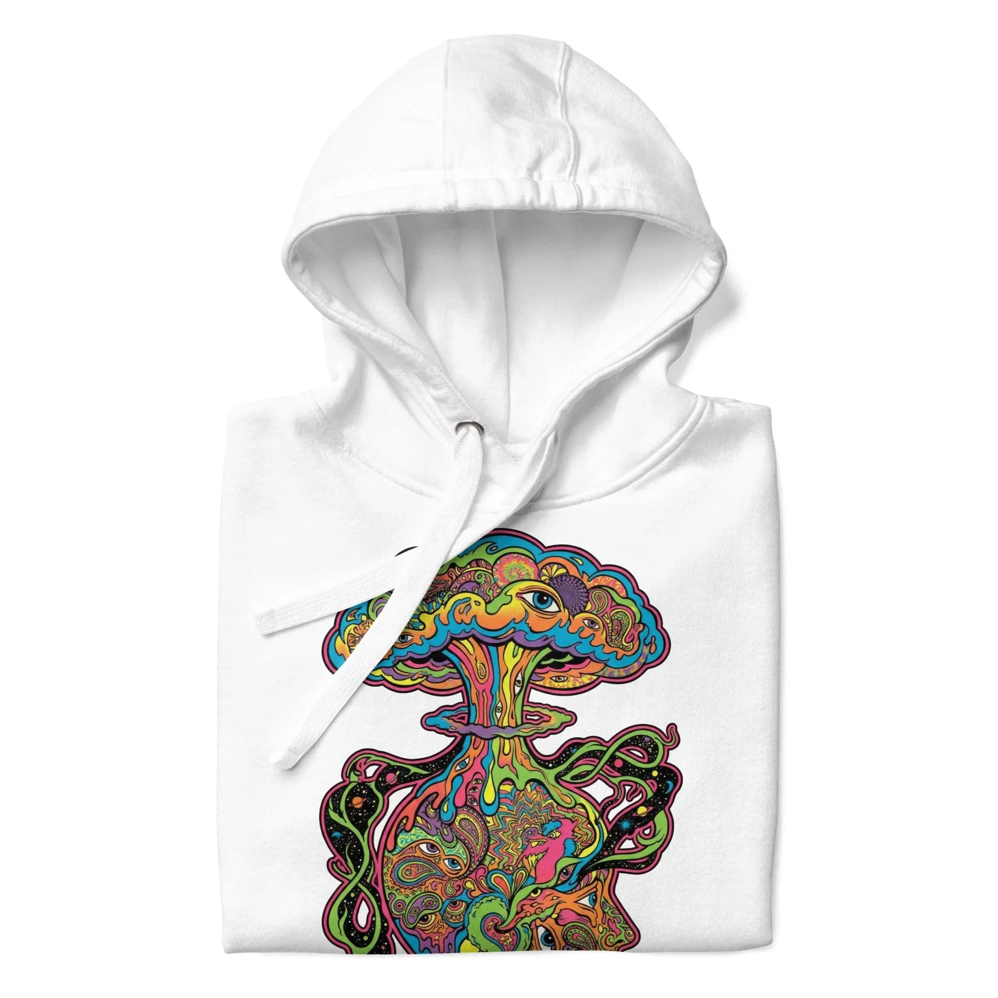 White unisex premium pullover hoodie with colorful psychedelic mushroom cloud design and intricate neon patterns
