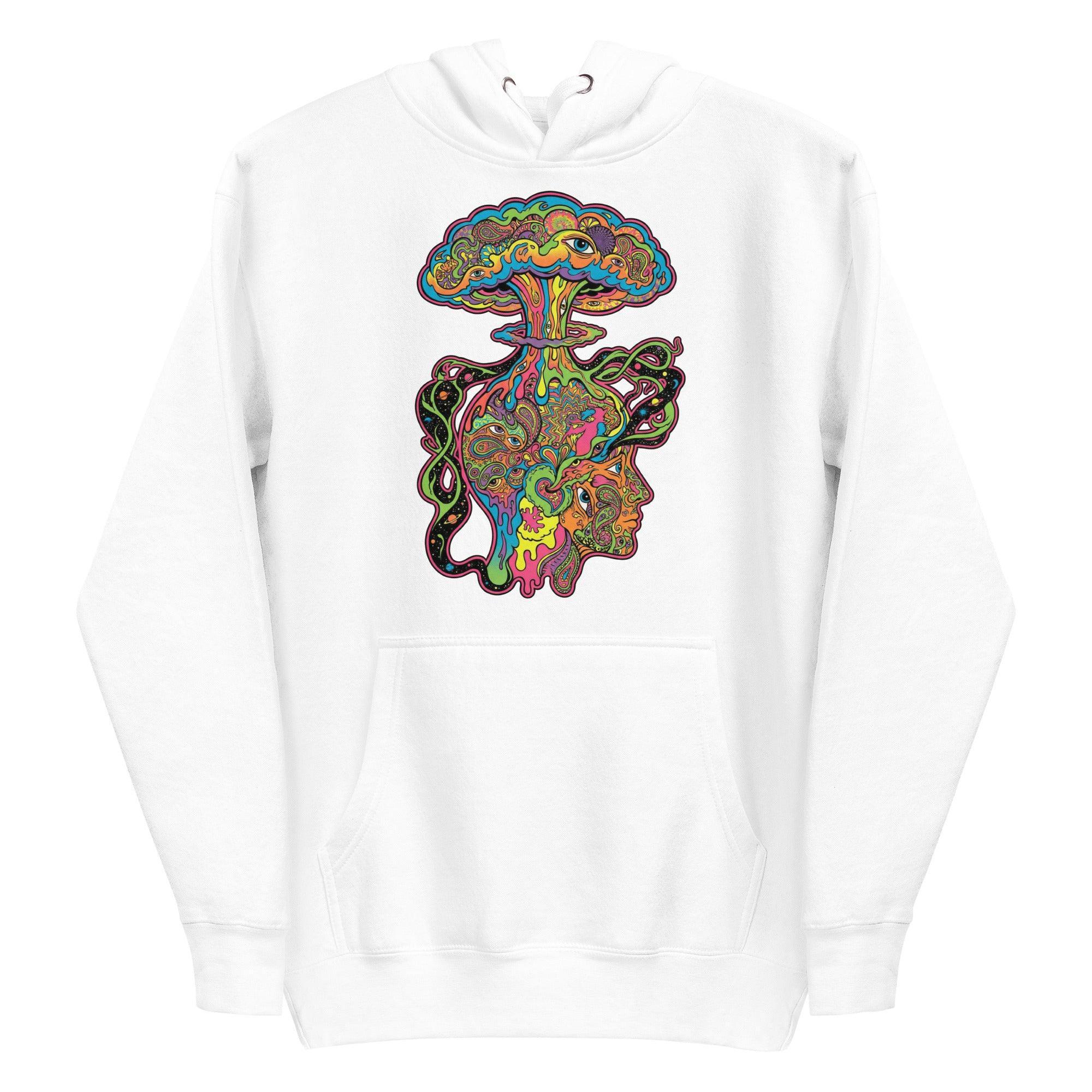 White unisex premium pullover hoodie with bright psychedelic mushroom cloud art featuring colorful, intricate patterns and faces