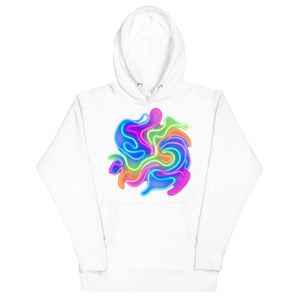 White unisex premium pullover hoodie with vibrant multicolor psychedelic abstract design on front