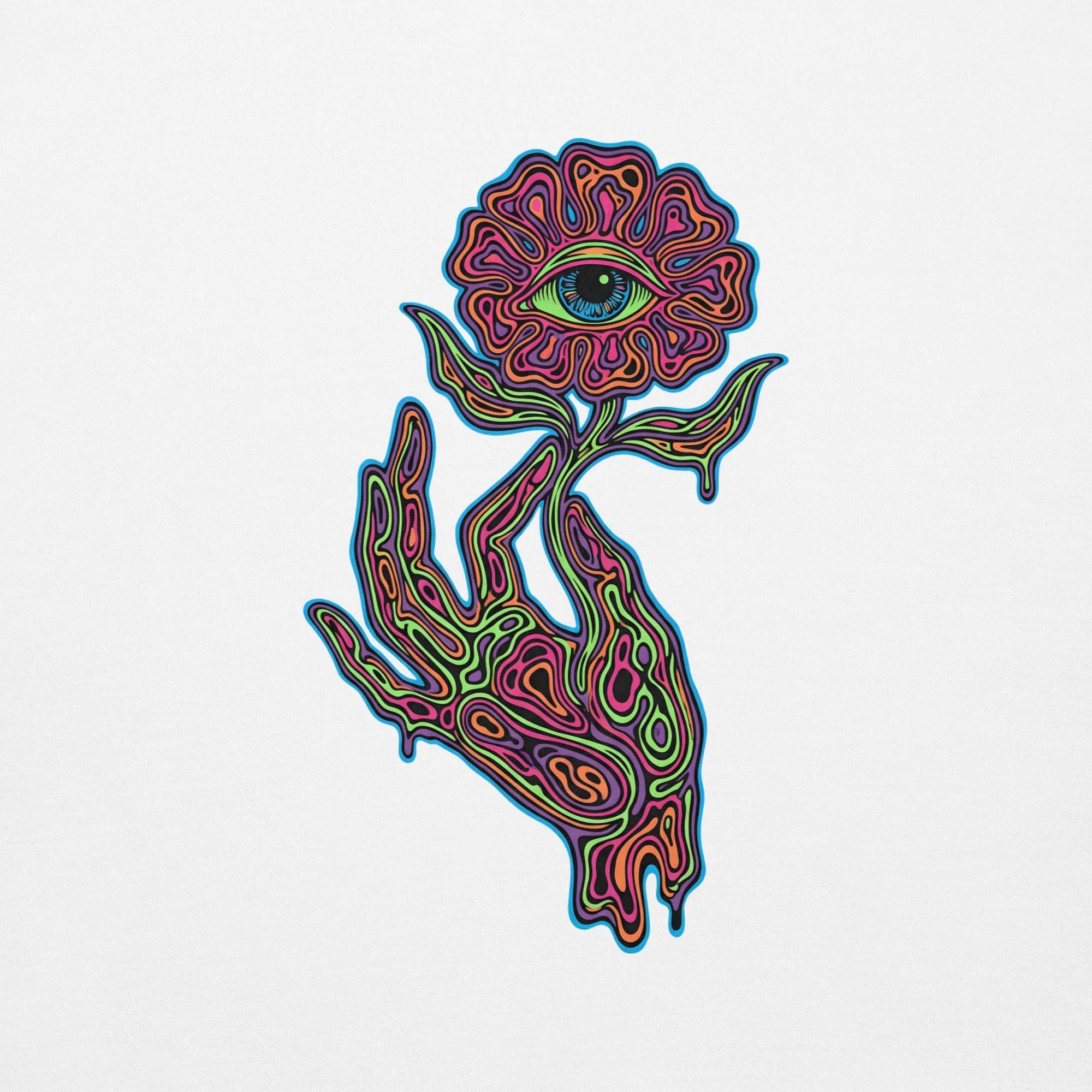 psychedelic hand holding flower with an eye center, vibrant neon colors on white pullover hoodie