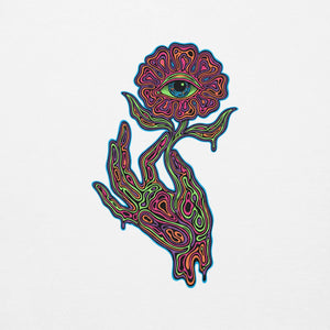 psychedelic hand holding flower with an eye center, vibrant neon colors on white pullover hoodie