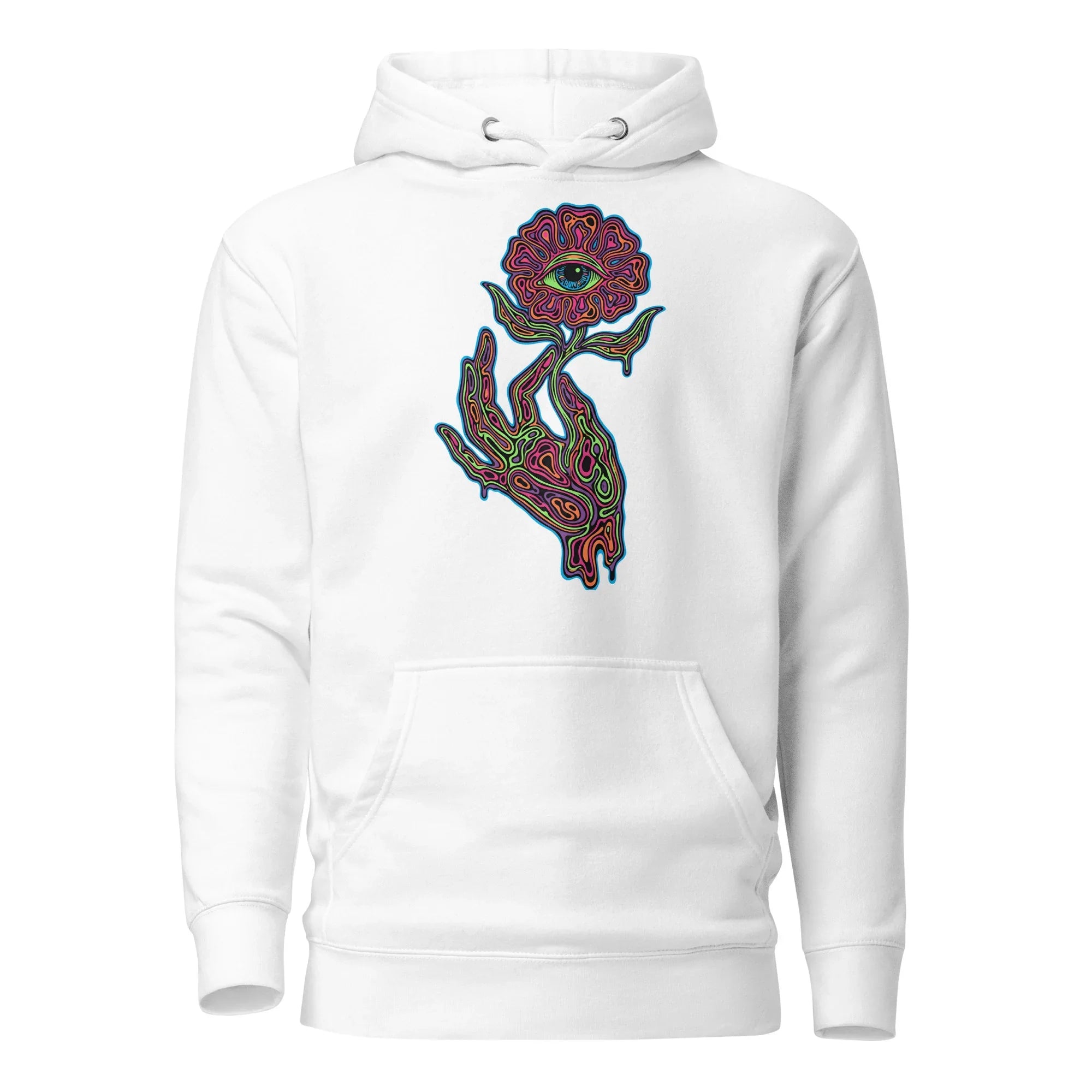 White unisex premium pullover hoodie with psychedelic neon hand and eye flower graphic