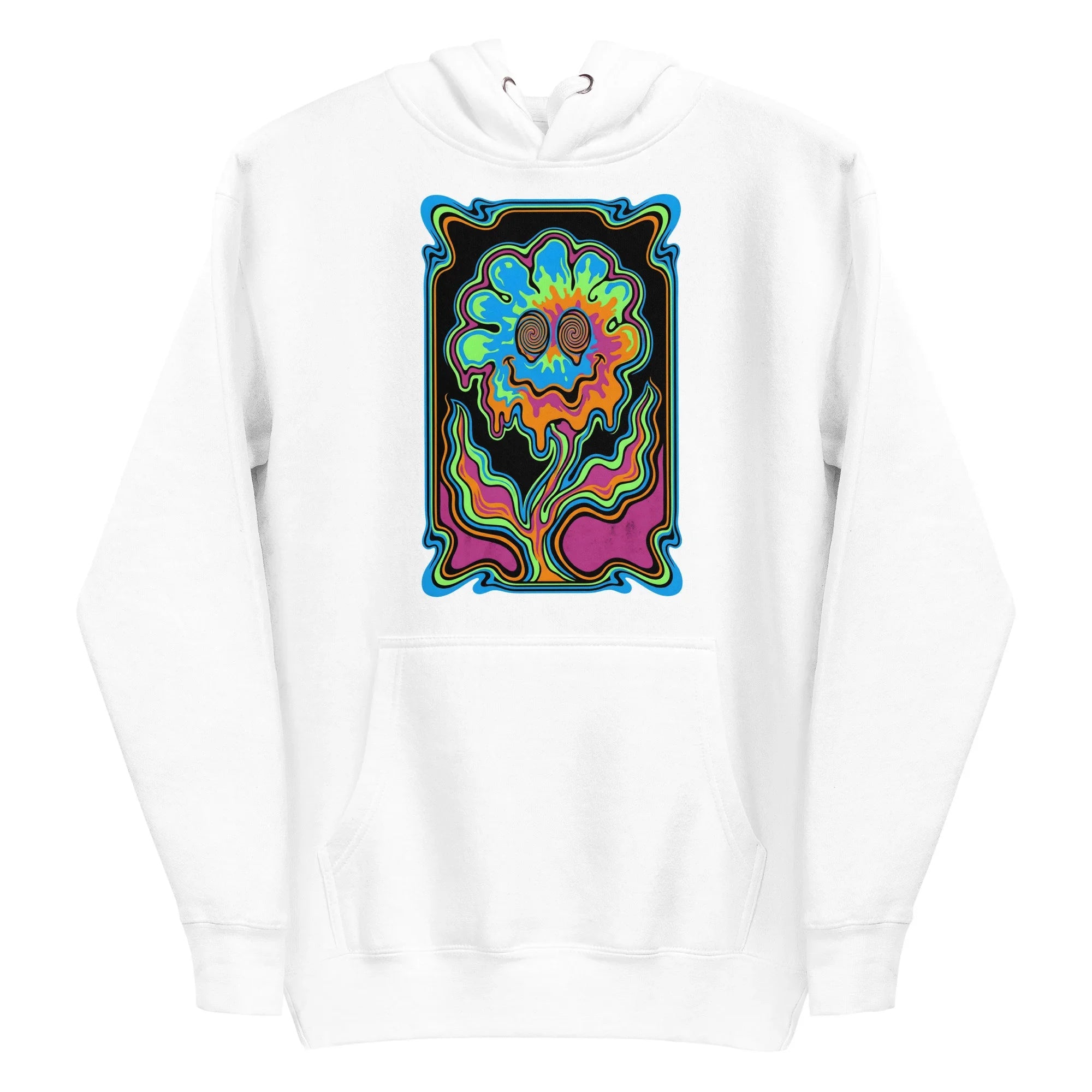 White unisex premium pullover hoodie with vibrant psychedelic melting flower and colorful abstract design