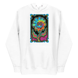 White unisex premium pullover hoodie with vibrant psychedelic melting flower and colorful abstract design
