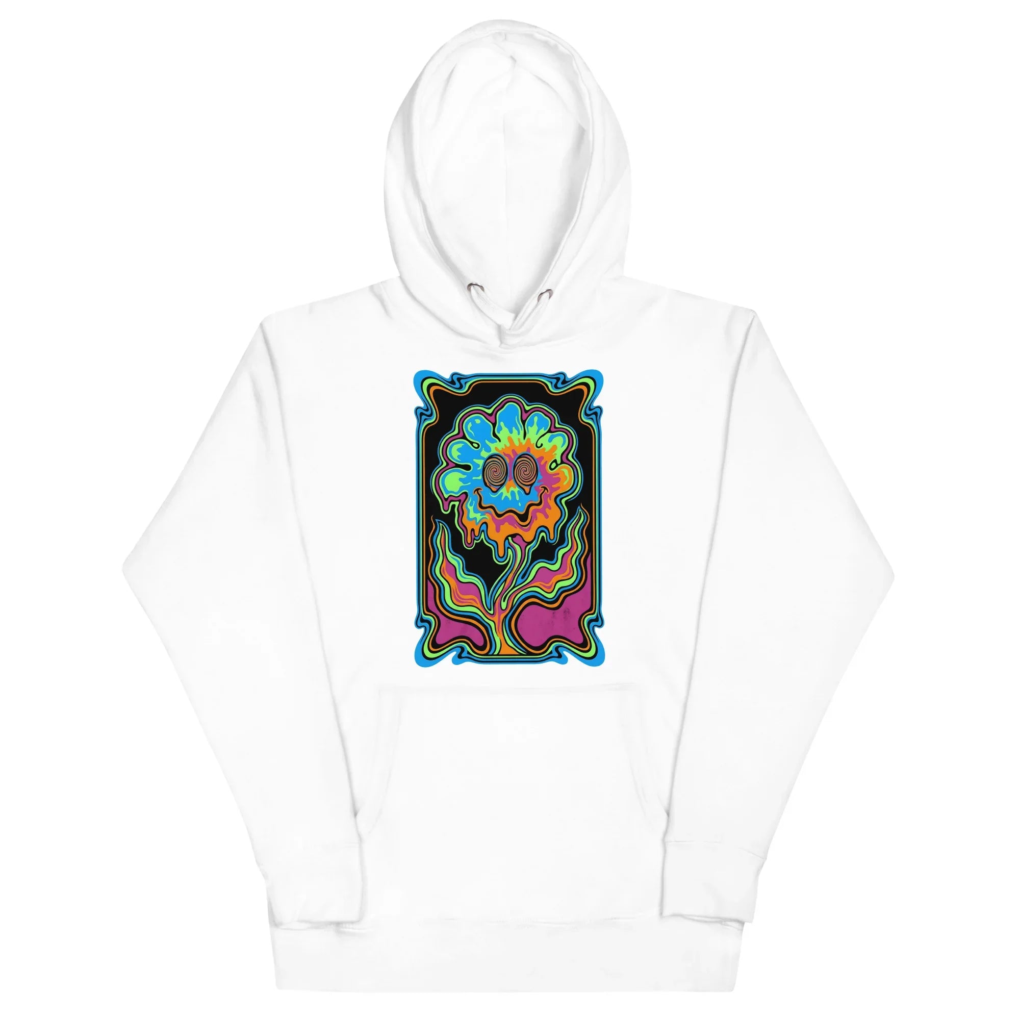 White unisex premium pullover hoodie with vibrant psychedelic colorful melting flower graphic and spiral eyes