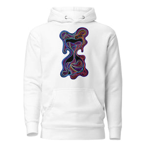 White unisex premium pullover hoodie with vibrant colorful abstract psychedelic art on front