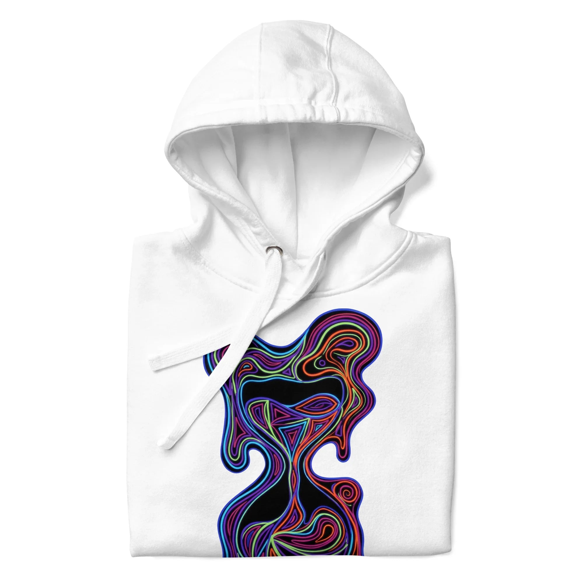 White unisex premium pullover hoodie folded with colorful psychedelic abstract hourglass design