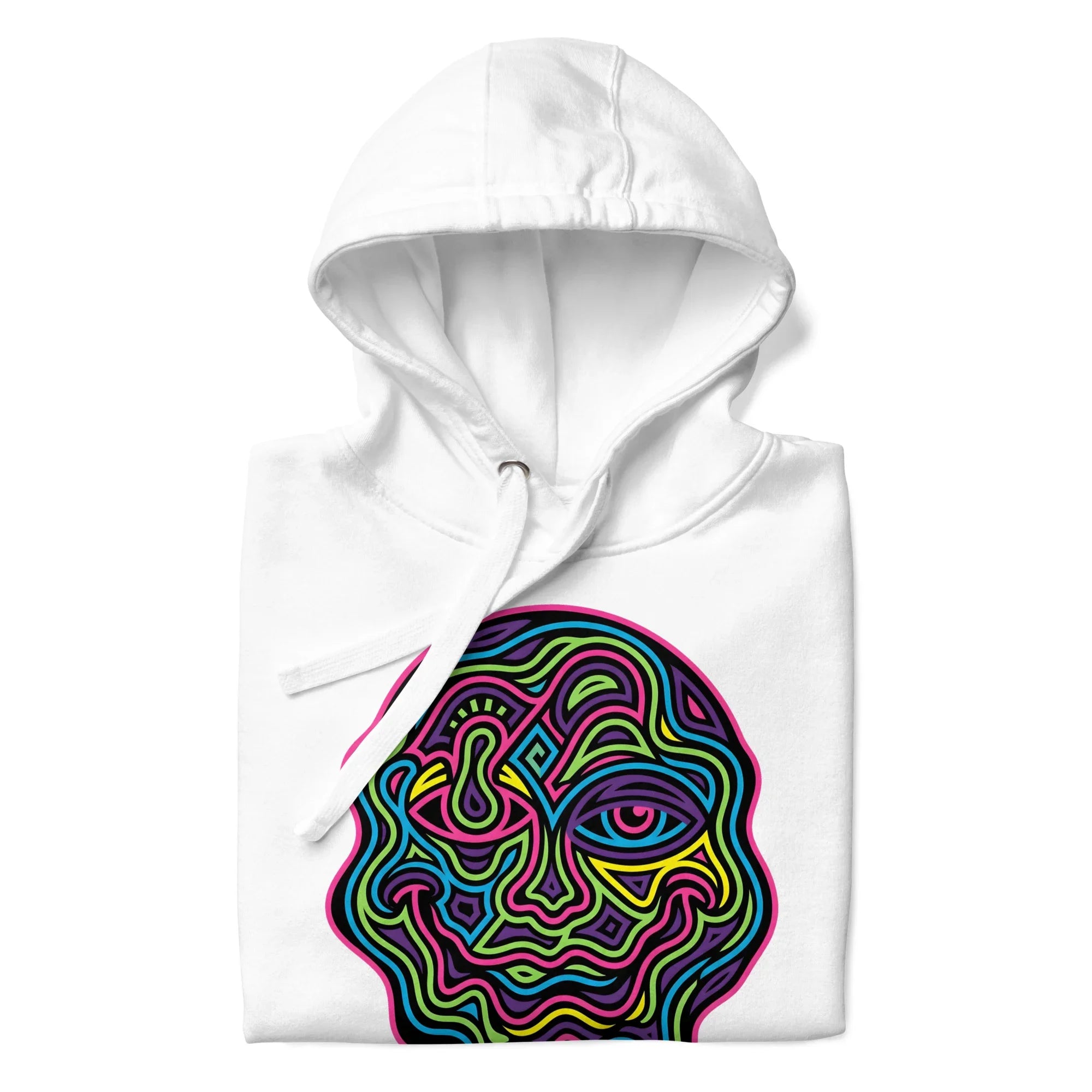 White premium unisex pullover hoodie with colorful psychedelic abstract face design front