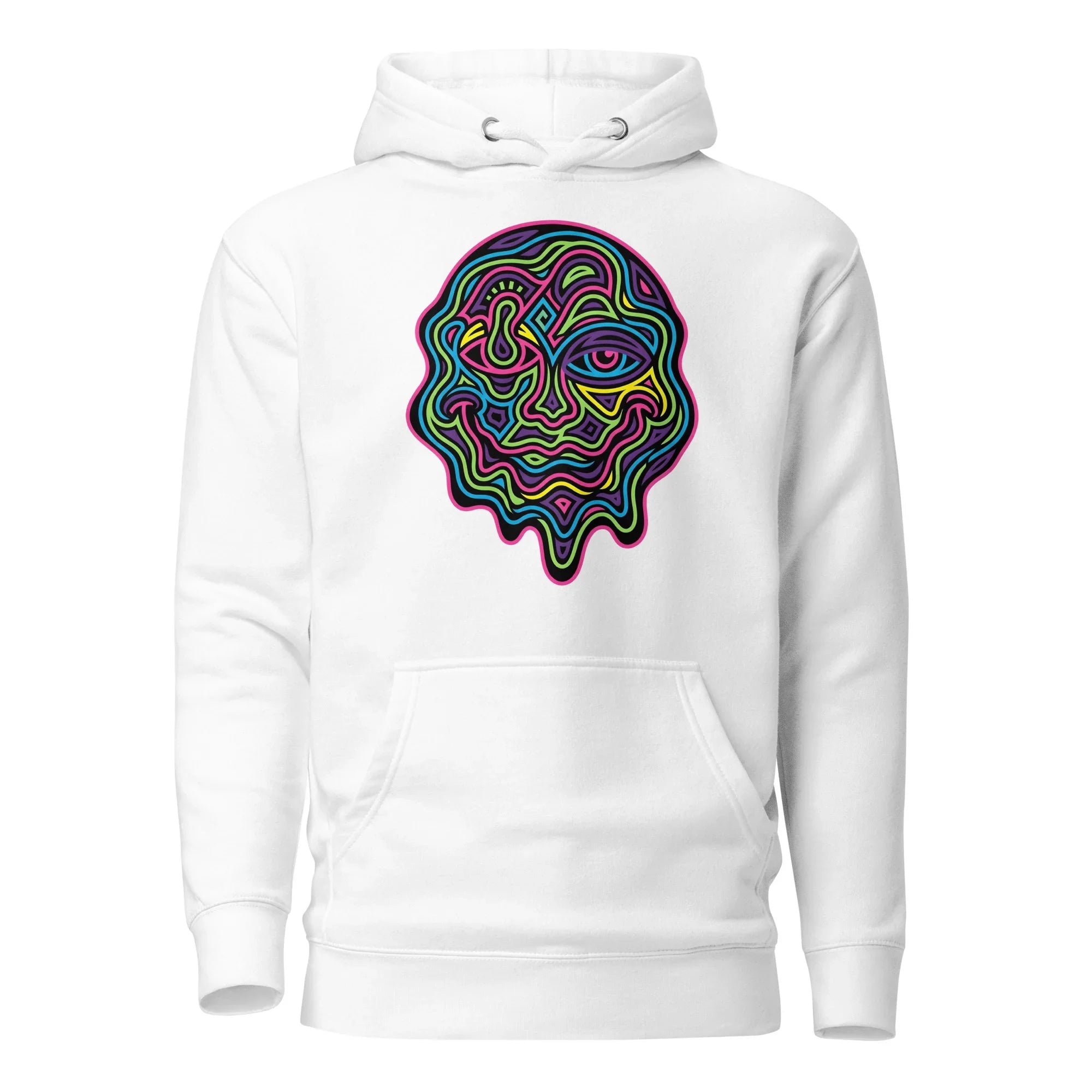 White unisex premium pullover hoodie with colorful psychedelic abstract face design on front