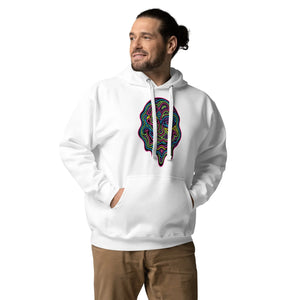 Man wearing white unisex premium pullover hoodie with colorful psychedelic abstract face design front