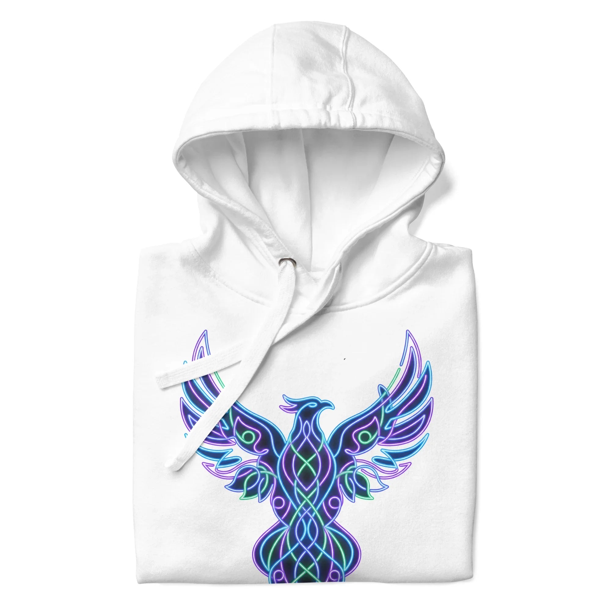 White unisex premium pullover hoodie featuring a vibrant neon blue and purple phoenix design on the front