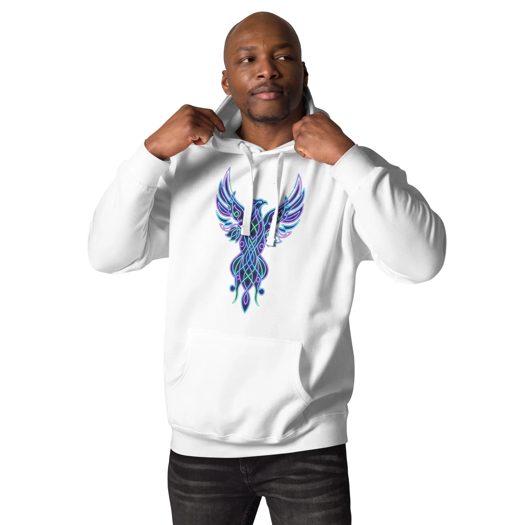 Man wearing white premium hoodie with vibrant psychedelic neon phoenix design on front, streetwear fashion