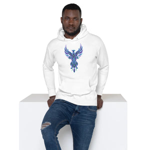 Man wearing white pullover hoodie with neon blue and purple phoenix design, paired with ripped blue jeans