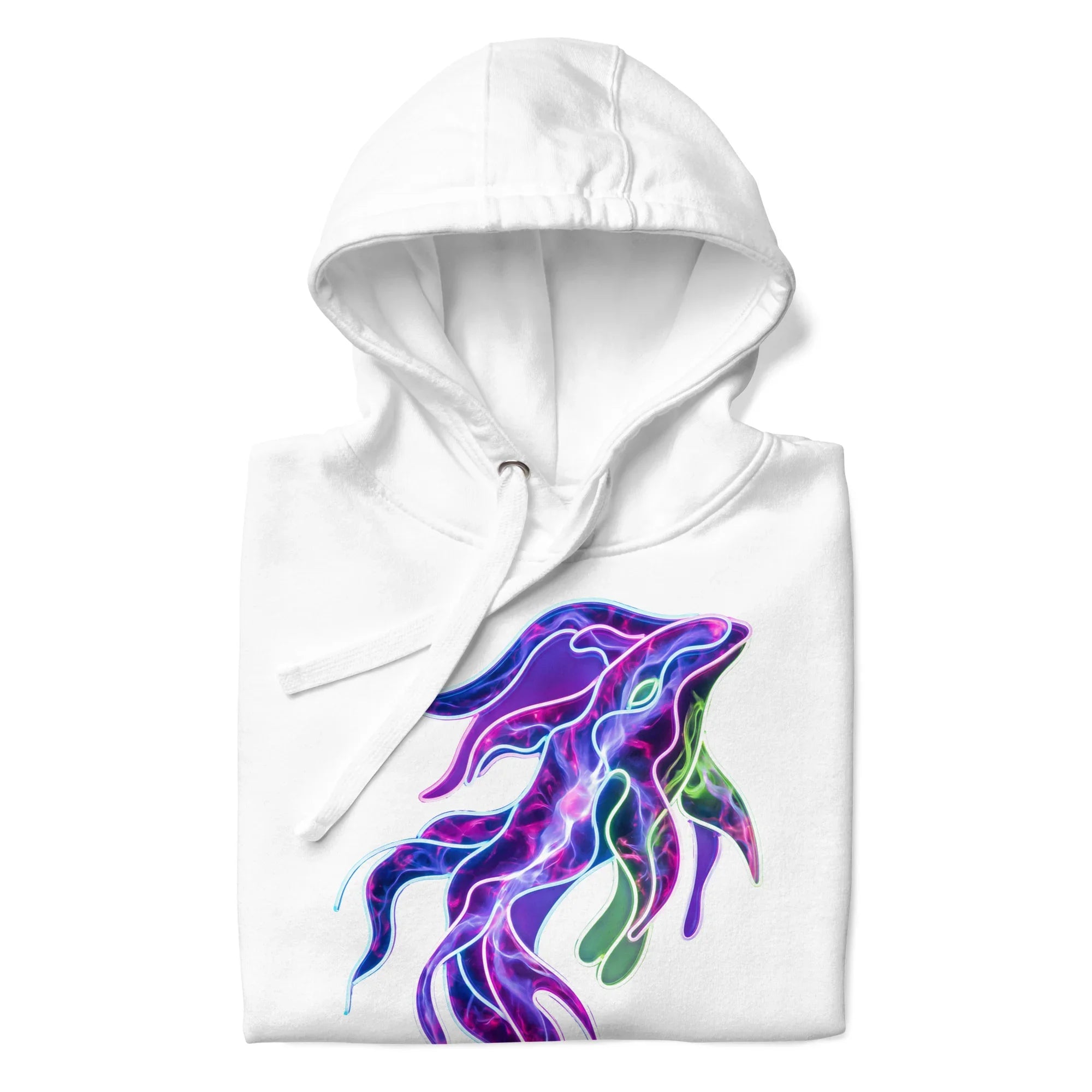 White unisex premium pullover hoodie with vibrant neon psychedelic squid graphic on front