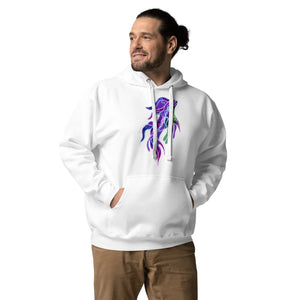 Unisex white premium pullover hoodie with vibrant purple and green psychedelic squid design, worn by smiling man