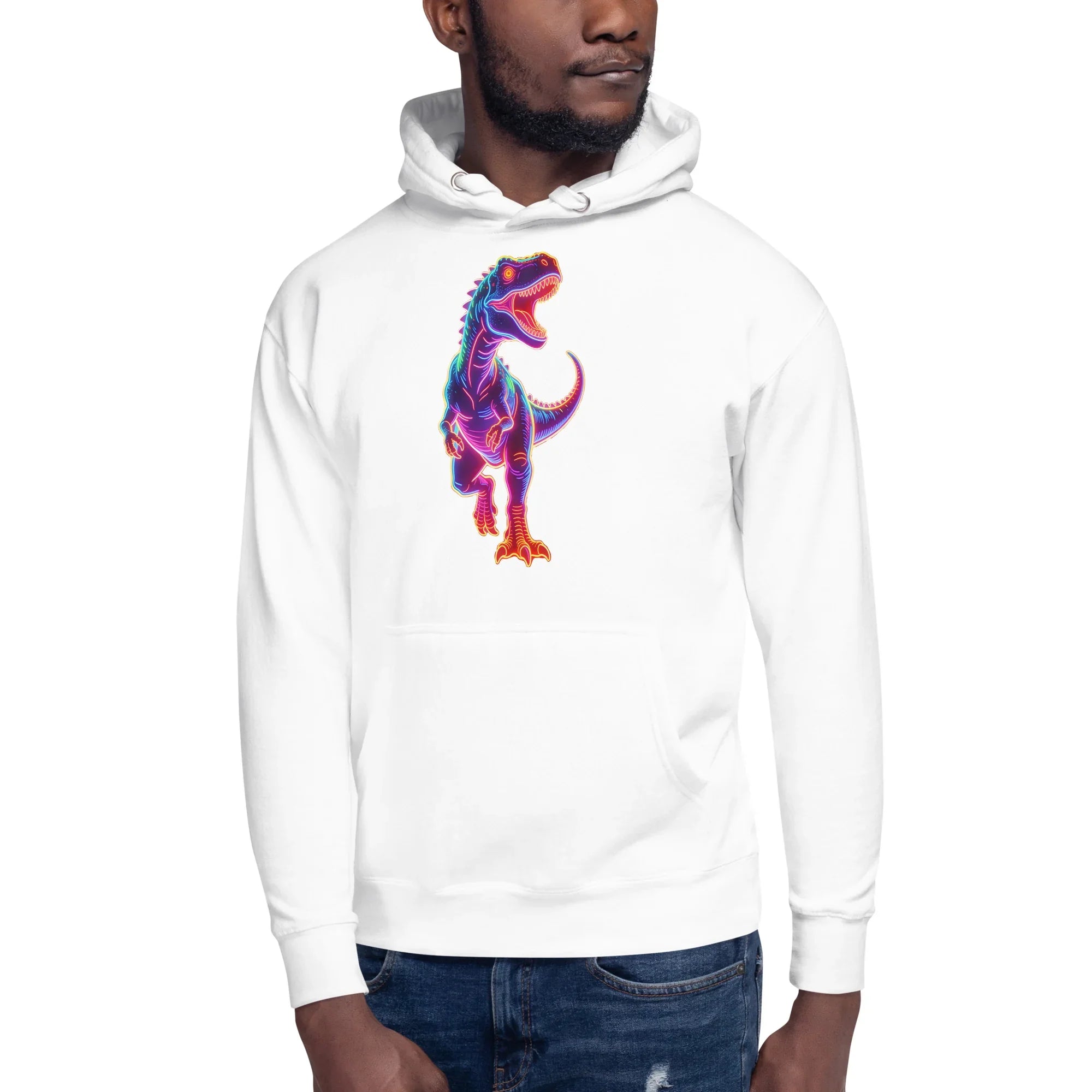 Man wearing white hoodie with vibrant neon multicolor T-Rex dinosaur graphic in front