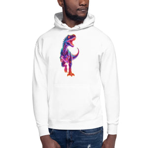 Man wearing white hoodie with vibrant neon multicolor T-Rex dinosaur graphic in front