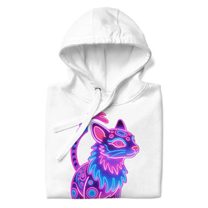 White unisex hoodie with vibrant neon purple and blue cat graphic design folded flat