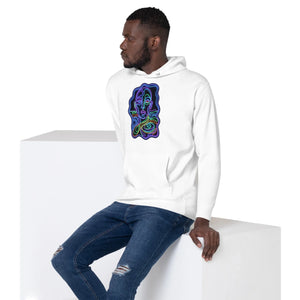 Man wearing white unisex premium pullover hoodie with neon psychedelic abstract face art, paired with ripped blue jeans