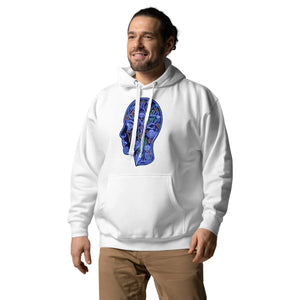 Smiling man wearing white unisex hoodie with blue psychedelic head art design, standing against white background