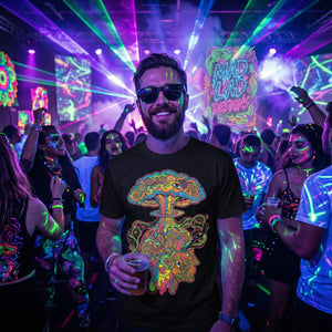 Man wearing black neon psychedelic art t-shirt at vibrant party with UV lights and crowd