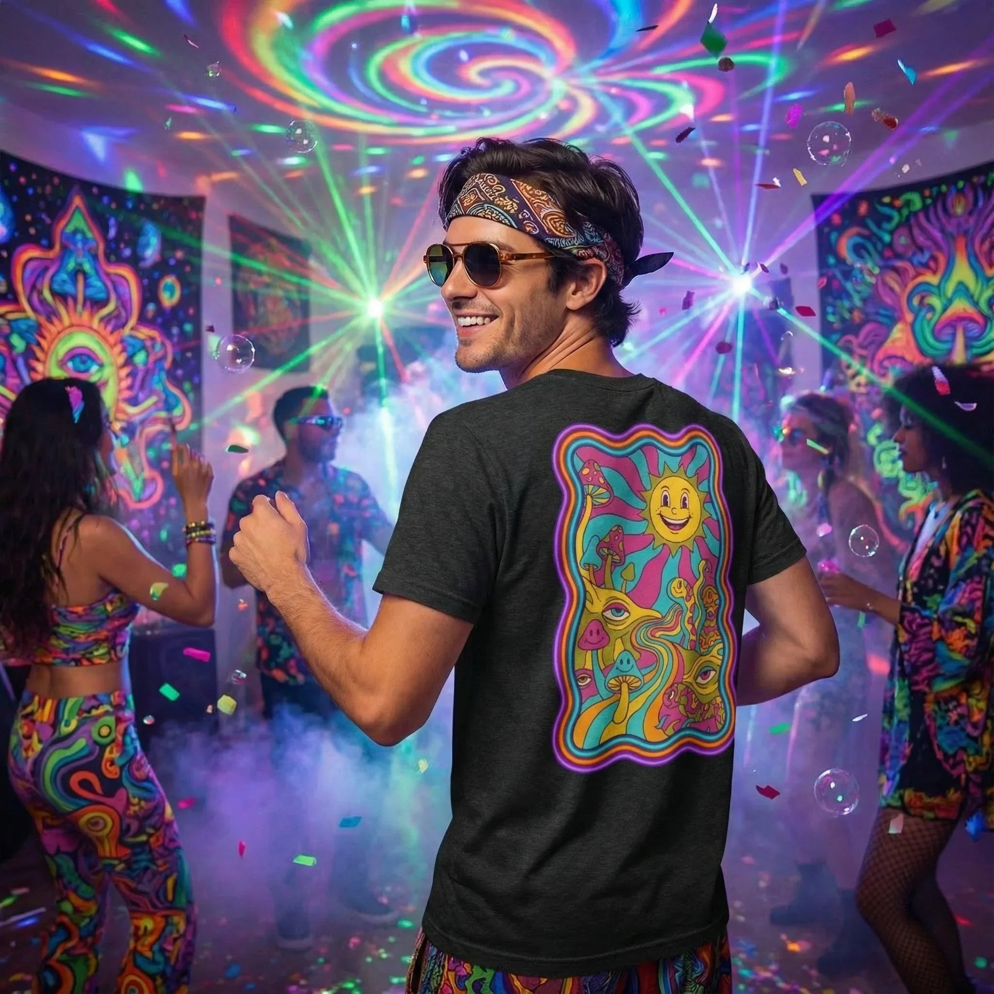 Man wearing psychedelic t-shirt with colorful sun and mushroom art at neon light party