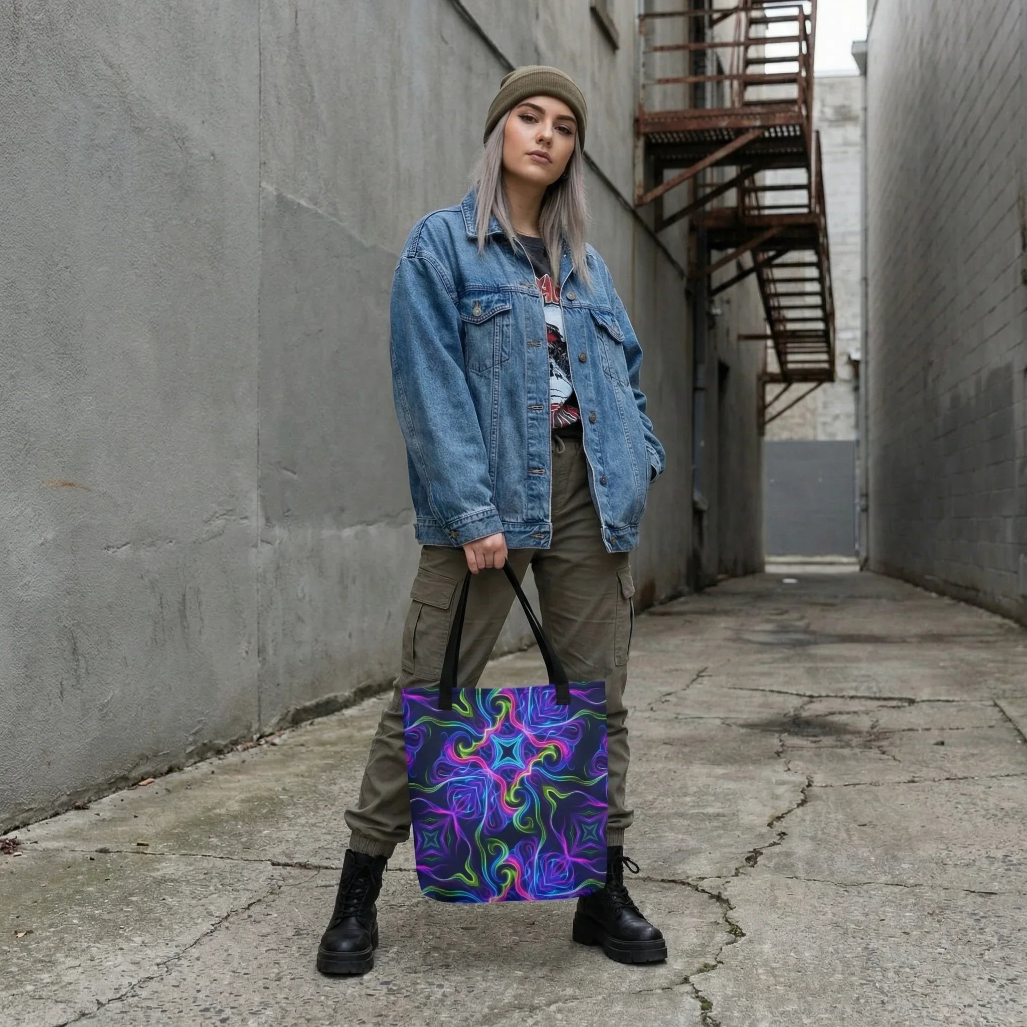 Streetwear model with neon psychedelic tote bag, denim jacket, and cargo pants in urban alley