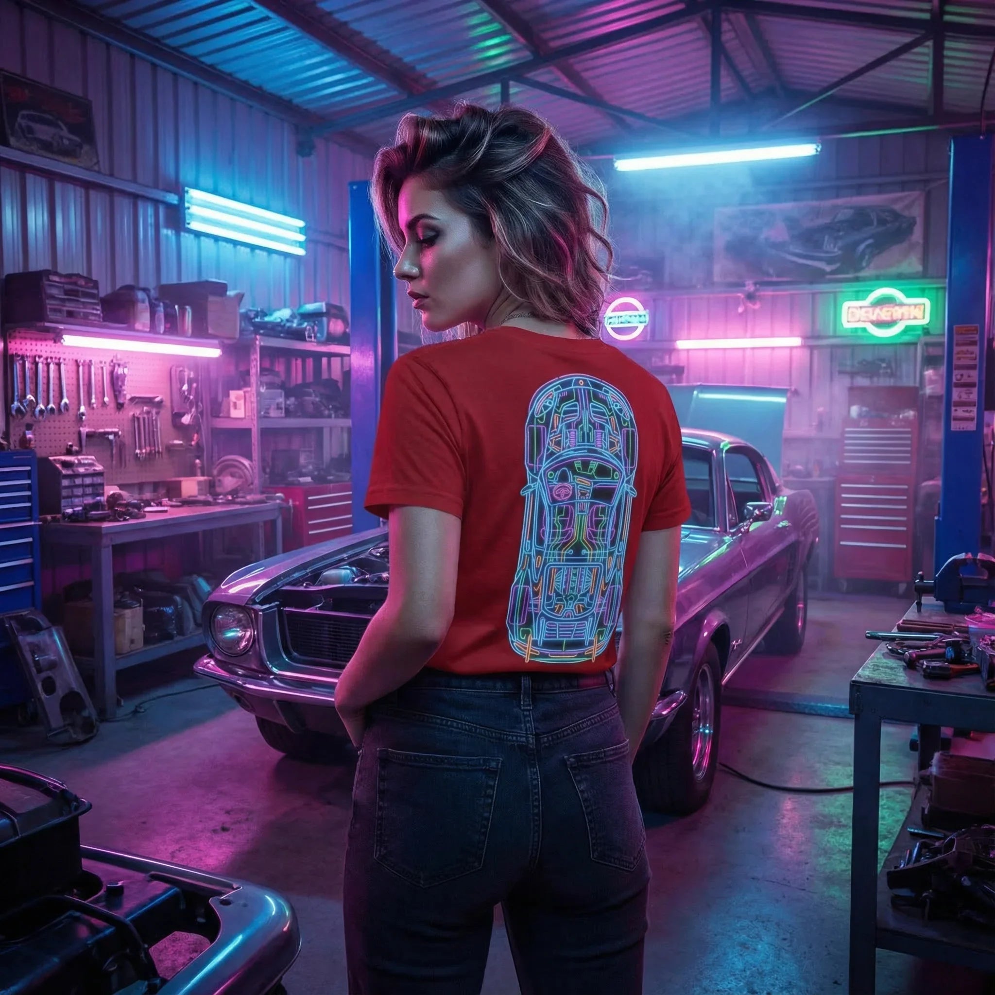 Woman in red psychedelic neon art t-shirt stands in neon-lit garage with classic car and tools