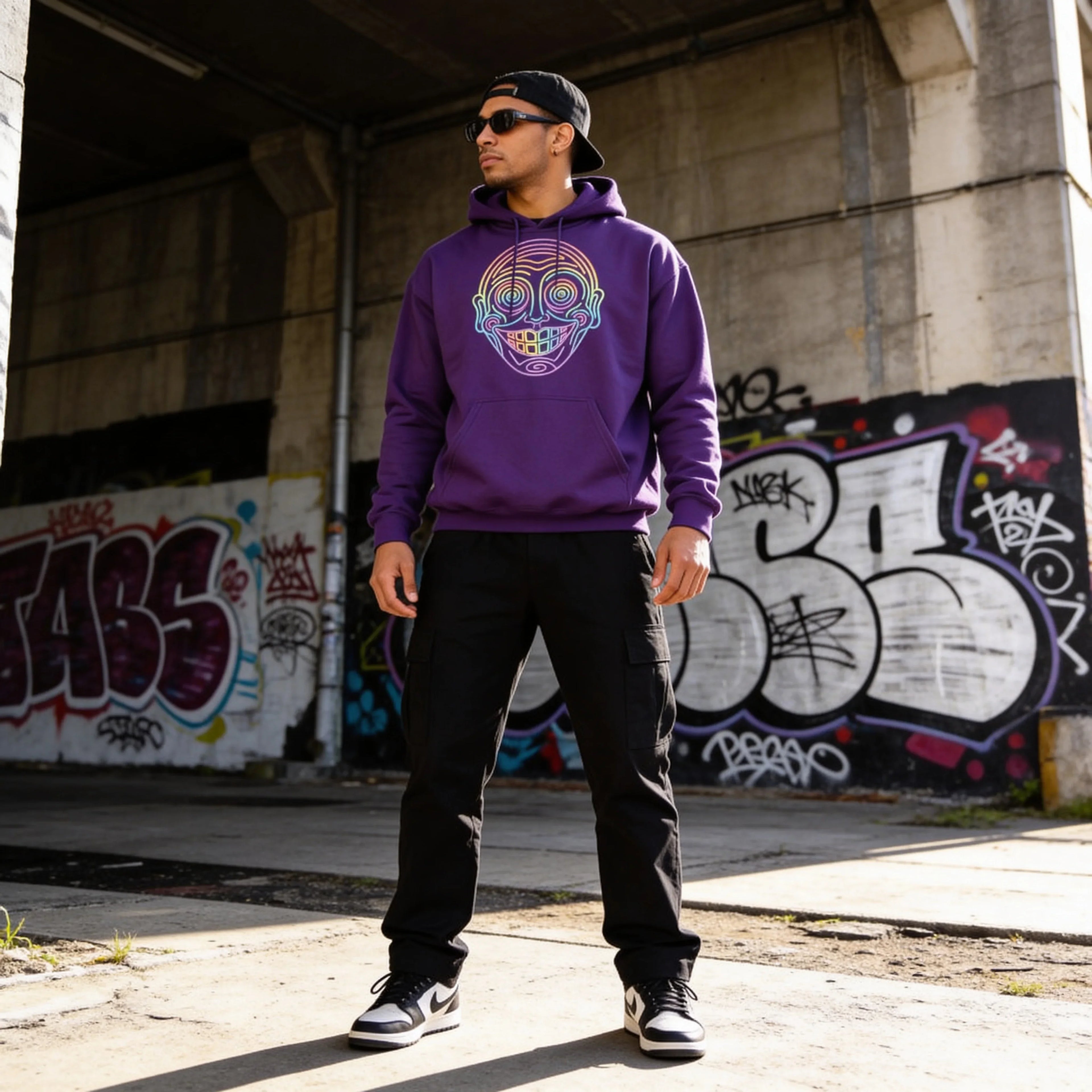 Man modeling a purple psychedelic hoodie with neon skull design, urban streetwear style, graffiti wall