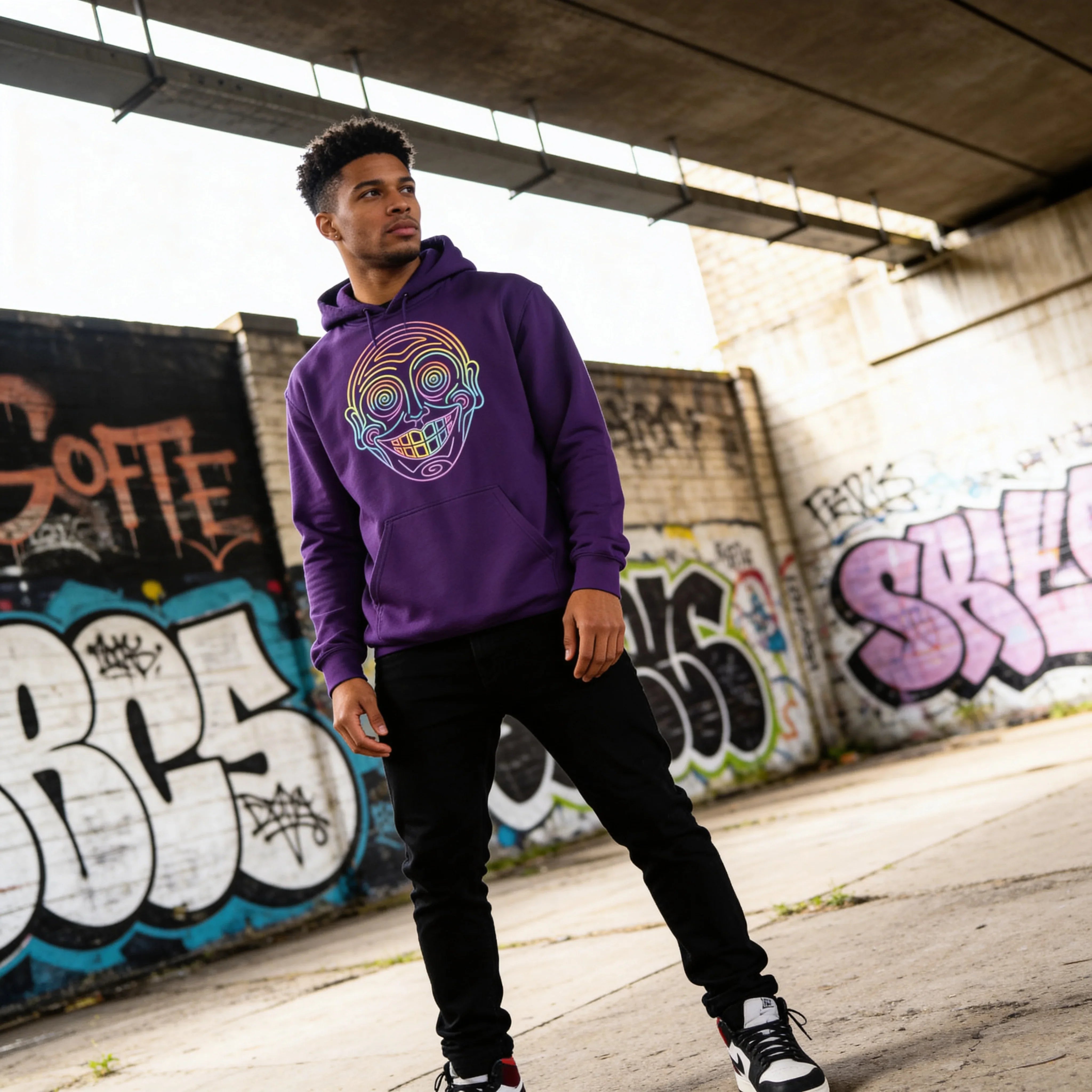 Man modeling a purple psychedelic skull hoodie with neon art, streetwear graffiti background