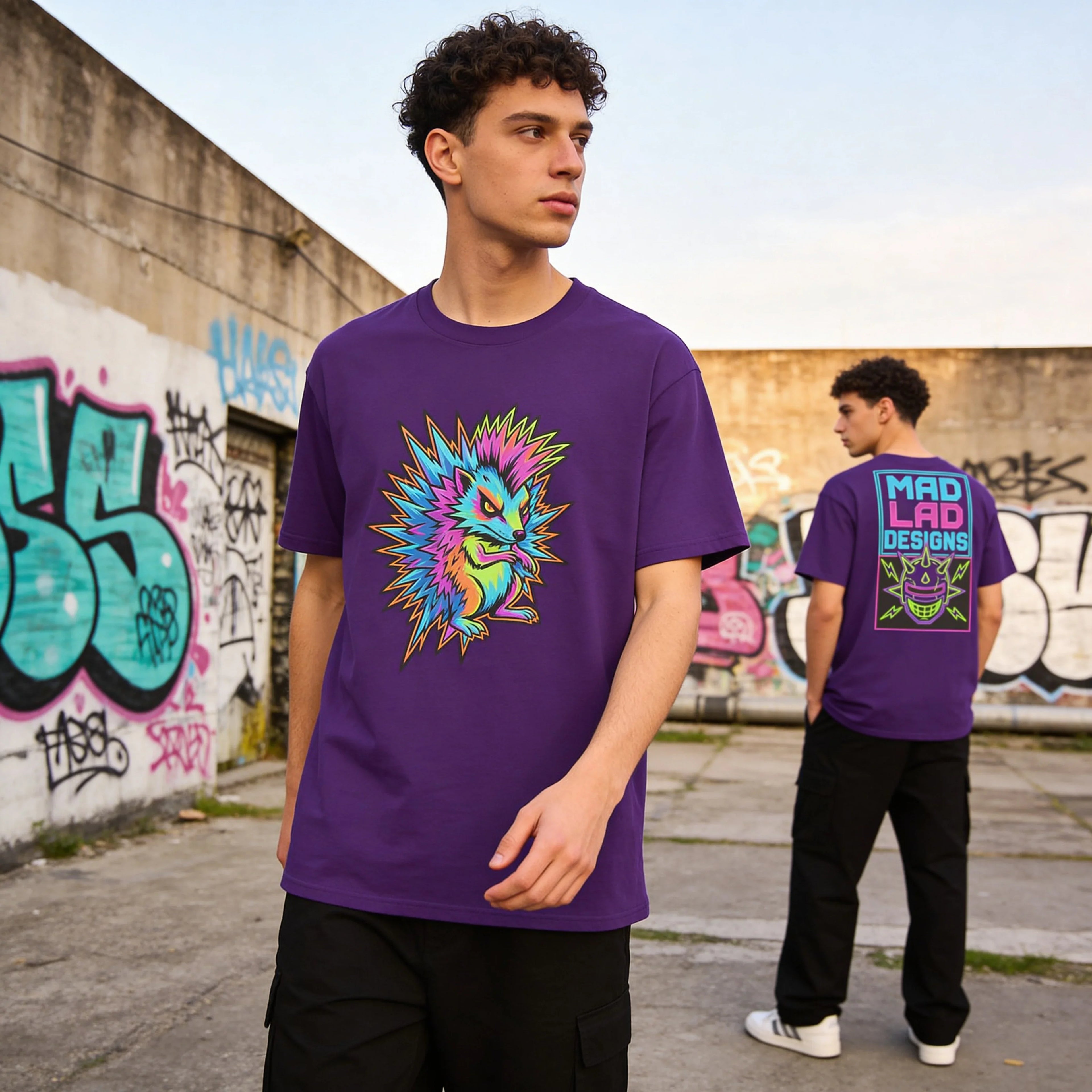 Man modeling vibrant purple psychedelic hedgehog t-shirt by Mad Lad Designs, urban graffiti backdrop