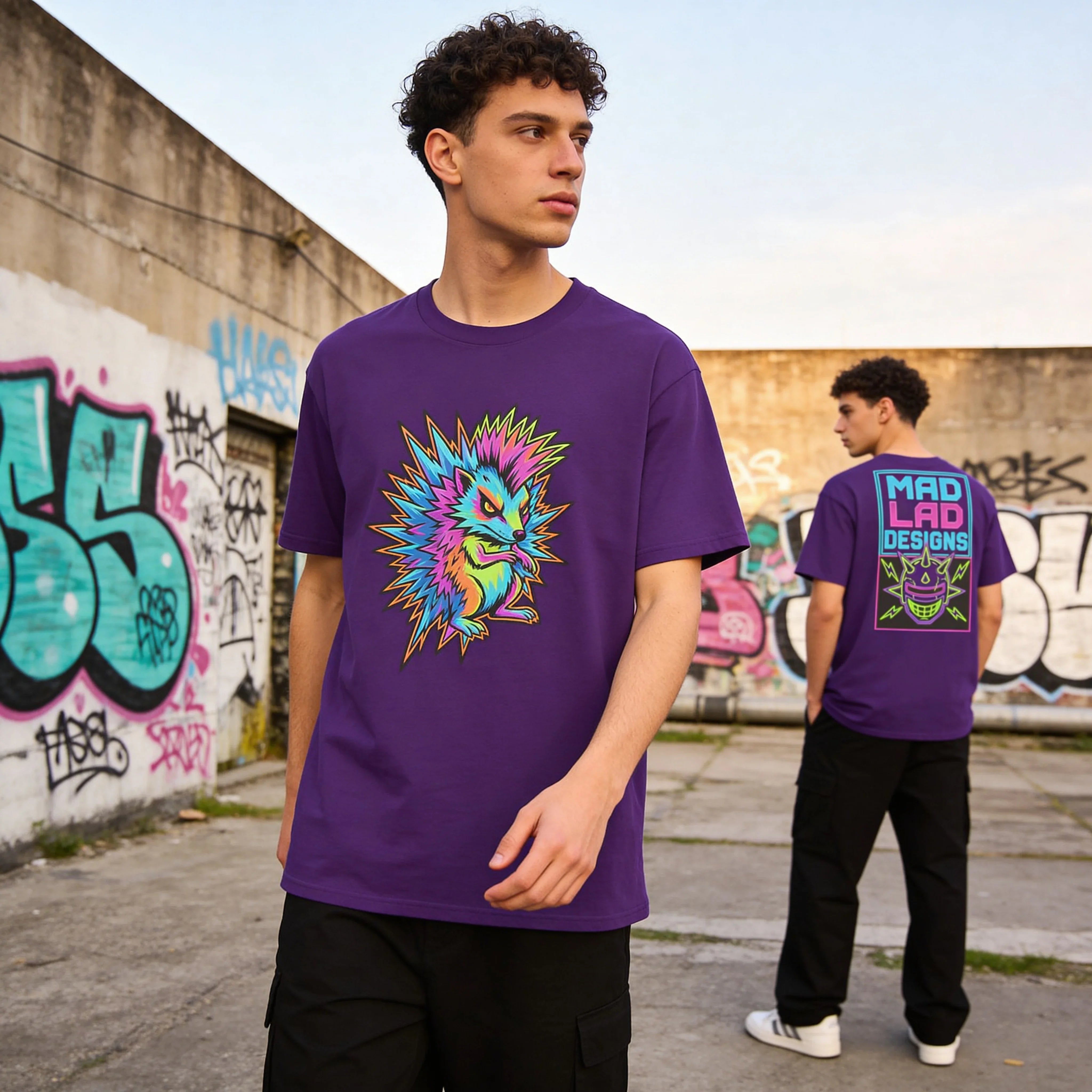 Man modeling vibrant purple psychedelic hedgehog t-shirt by Mad Lad Designs, urban graffiti backdrop