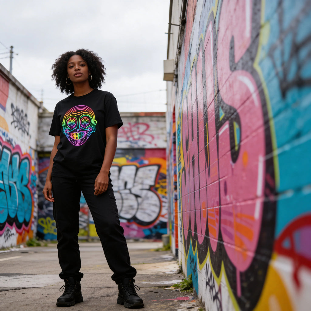 Confident woman in neon psychedelic skull t-shirt stands in vibrant graffiti alley, Mad Lad Designs streetwear style.
